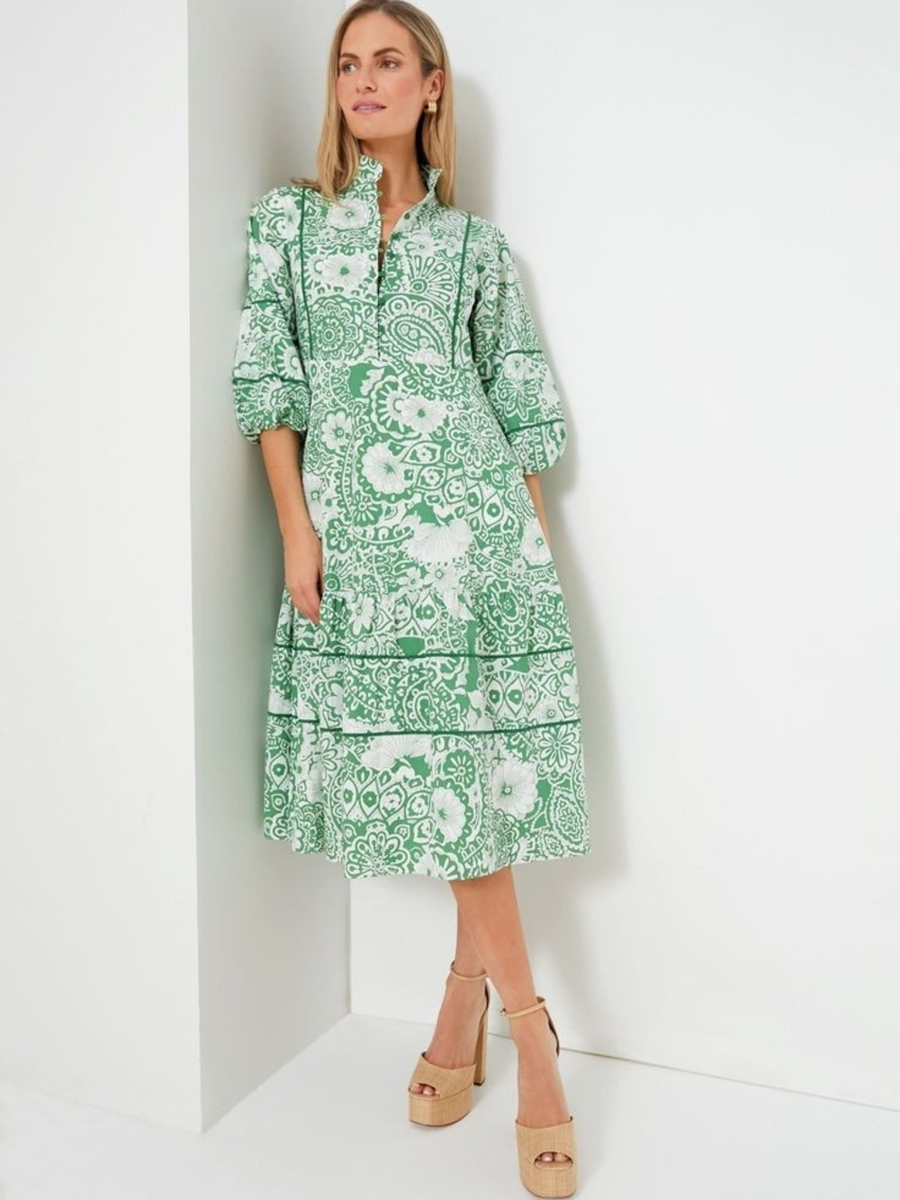 Tuckernuck Hyacinth House Tiered Midi Green Floral Dress Puff Sleeves Size XXS